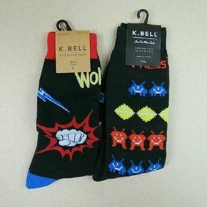 K. Bell Men's Fashion Socks 2 Pair Funky Fun Space Invaders Punch Fist